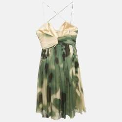 Pre Owned Roberto Cavalli Beige/Green Printed Silk Pleated Mini Dress S