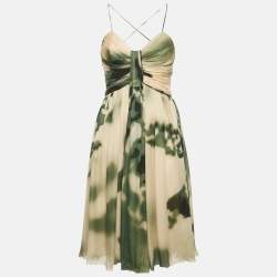 Pre Owned Roberto Cavalli Beige/Green Printed Silk Pleated Mini Dress S