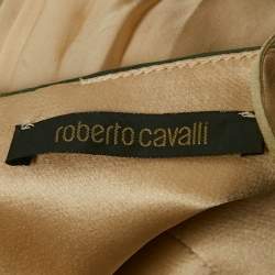 Pre Owned Roberto Cavalli Beige/Green Printed Silk Pleated Mini Dress S