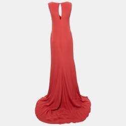 Pre Owned Roberto Cavalli Red Crepe Ruched Slit Maxi Dress M