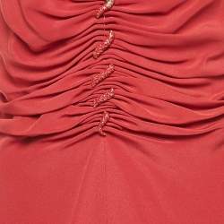 Pre Owned Roberto Cavalli Red Crepe Ruched Slit Maxi Dress M