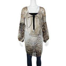 Pre Owned Roberto Cavalli Leopard Print Metallic Embroidered Silk Long Sleeve Sheer Tunic S