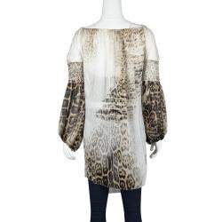 Pre Owned Roberto Cavalli Leopard Print Metallic Embroidered Silk Long Sleeve Sheer Tunic S