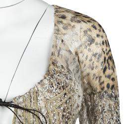 Pre Owned Roberto Cavalli Leopard Print Metallic Embroidered Silk Long Sleeve Sheer Tunic S