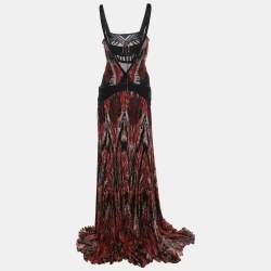 Pre Owned Roberto Cavalli Red/Multicolor Chiffon Maxi Dress S