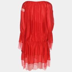 Pre Owned Roberto Cavalli Red Silk and Lace Trim Mini Dress S