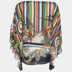 Pre Owned Roberto Cavalli Multicolor Stripe Printed Silk Belted Kaftan Blouse S
