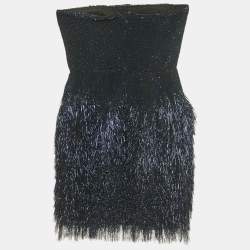 Pre Owned Roberto Cavalli Blue Sequin and Lurex Fringed Strapless Mini Dress S