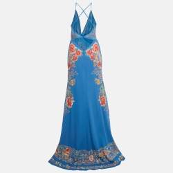 Pre Owned Roberto Cavalli Blue Floral Print Jersey Cut-Out Maxi Dress M