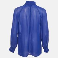 Pre Owned Roberto Cavalli Blue Silk Tassel Detailed Sheer Blouse S