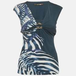 Pre Owned Roberto Cavalli Blue Printed Jersey Neck Detail Top S