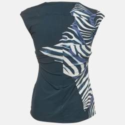 Pre Owned Roberto Cavalli Blue Printed Jersey Neck Detail Top S