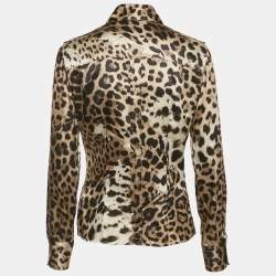 Pre Owned Roberto Cavalli Black Leopard Print Satin Silk Button Front Shirt M
