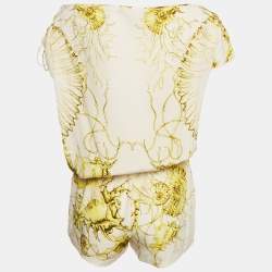 Pre Owned Roberto Cavalli Off White/Yellow Printed Silk Drawstring Playsuit M