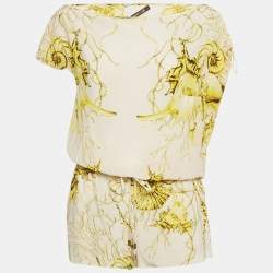 Pre Owned Roberto Cavalli Off White/Yellow Printed Silk Drawstring Playsuit M