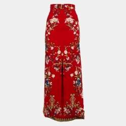 Pre Owned Roberto Cavalli Red Floral Print Crepe Slitted Maxi Skirt S
