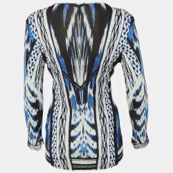 Pre Owned Roberto Cavalli Blue/Black Printed Jersey Lace Detail Top M