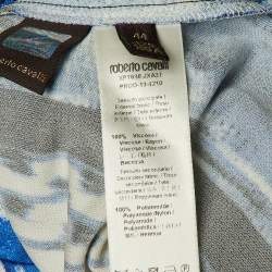 Pre Owned Roberto Cavalli Blue/Black Printed Jersey Lace Detail Top M