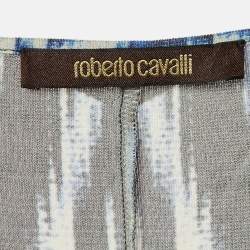 Pre Owned Roberto Cavalli Blue/Black Printed Jersey Lace Detail Top M