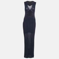 Pre Owned Roberto Cavalli Navy Blue Textured Knit Wool Trim Sleeveless Maxi Dress S