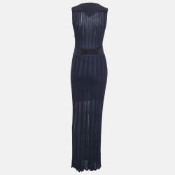Pre Owned Roberto Cavalli Navy Blue Textured Knit Wool Trim Sleeveless Maxi Dress S