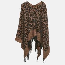 Pre Owned Roberto Cavalli Brown Jacquard Wool Fringed Poncho One Size  