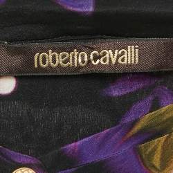 Pre Owned Roberto Cavalli Purple Floral Print Silk Neck Tie Detail Blouse L
