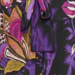 Pre Owned Roberto Cavalli Purple Floral Print Silk Neck Tie Detail Blouse L