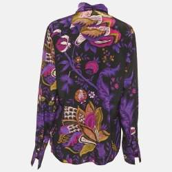 Pre Owned Roberto Cavalli Purple Floral Print Silk Neck Tie Detail Blouse L