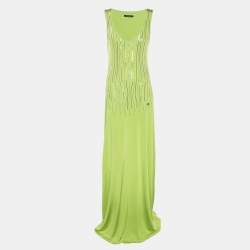Pre Owned Roberto Cavalli Green Stretch Satin Sequin Embellished Long Dress M