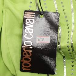 Pre Owned Roberto Cavalli Green Stretch Satin Sequin Embellished Long Dress M