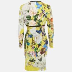 Pre Owned Roberto Cavalli Yellow Floral Print Jersey Ruched Detail Short Dress L