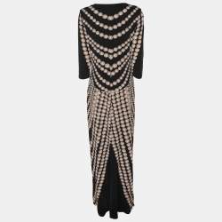 Pre Owned Roberto Cavalli Black Pearl Print Stretch Satin Long Sleeve Maxi Dress L