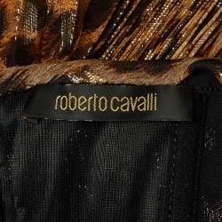 Pre Owned Roberto Cavalli Brown Animal Printed Lurex Silk Pleated Halter Neck Gown M