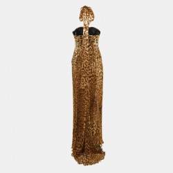 Pre Owned Roberto Cavalli Brown Animal Printed Lurex Silk Pleated Halter Neck Gown M