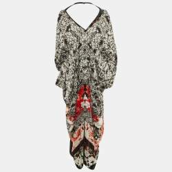 Pre Owned Roberto Cavalli Black/White Printed Silk Kaftan Maxi Dress L