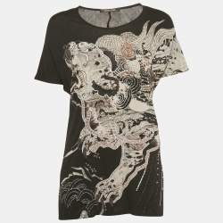 Pre Owned Roberto Cavalli Black Printed Stud Detail Jersey T-Shirt M