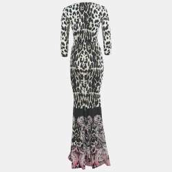 Pre Owned Roberto Cavalli Black /White Animal Print Lace Detail Jersey Maxi Dress S 