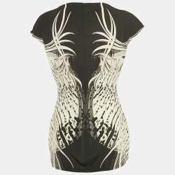 Pre Owned Roberto Cavalli Black /White Printed Lace Detail Jersey Top L