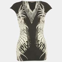 Pre Owned Roberto Cavalli Black /White Printed Lace Detail Jersey Top L