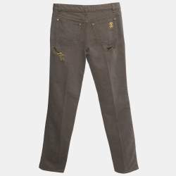 Pre Owned Roberto Cavalli Brown & Gold Denim Distressed Straight Leg Jeans S Waist 27"