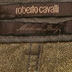Pre Owned Roberto Cavalli Brown & Gold Denim Distressed Straight Leg Jeans S Waist 27"