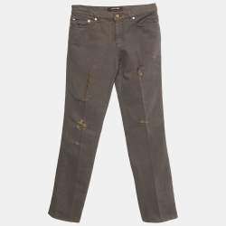 Pre Owned Roberto Cavalli Brown & Gold Denim Distressed Straight Leg Jeans S Waist 27"