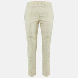 Pre Owned Roberto Cavalli Ivory/Grey Paisley Print Cotton Trousers S