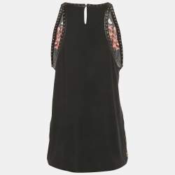 Pre Owned Roberto Cavalli Black Floral Print Silk Lace-up Leather Tank Top M