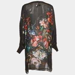 Pre Owned Roberto Cavalli Black Floral Print Silk Semi Sheer Dress M