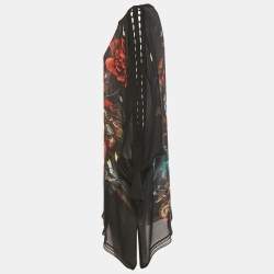 Pre Owned Roberto Cavalli Black Floral Print Silk Semi Sheer Dress M
