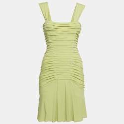 Pre Owned Roberto Cavalli Lime Green Crepe Ruched Mini Dress S
