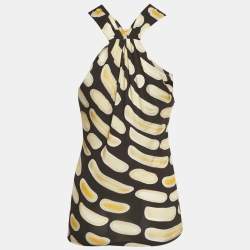 Pre Owned Roberto Cavalli Black Printed Jersey Brooch Detail Halter Neck Top S