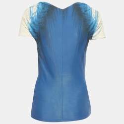 Pre Owned Roberto Cavalli Blue /Ivory Printed Jersey Snake Brooch Detail Top M